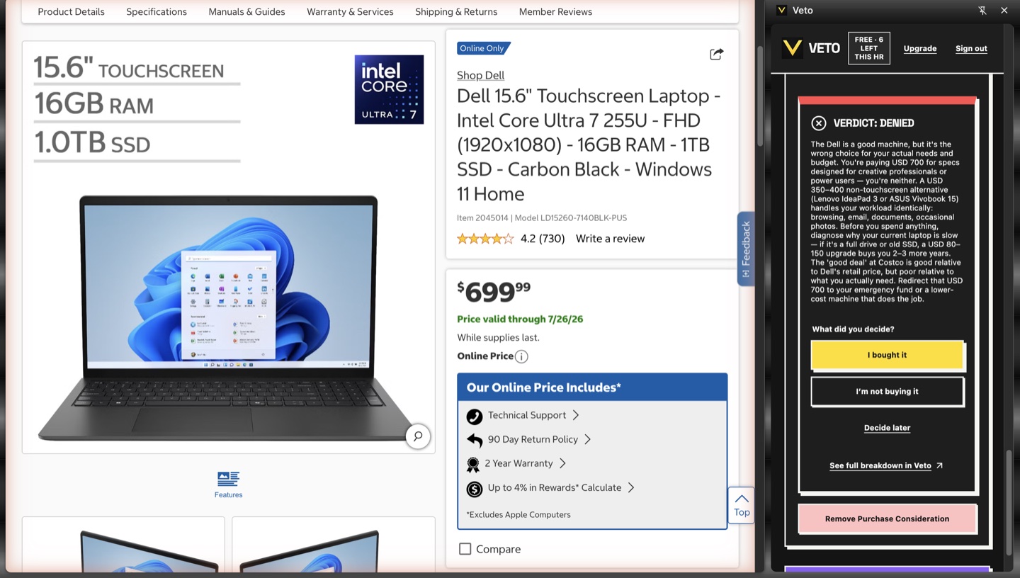 Veto browser extension side panel showing a Denied verdict on a $699 Costco laptop, recommending a lower-cost alternative