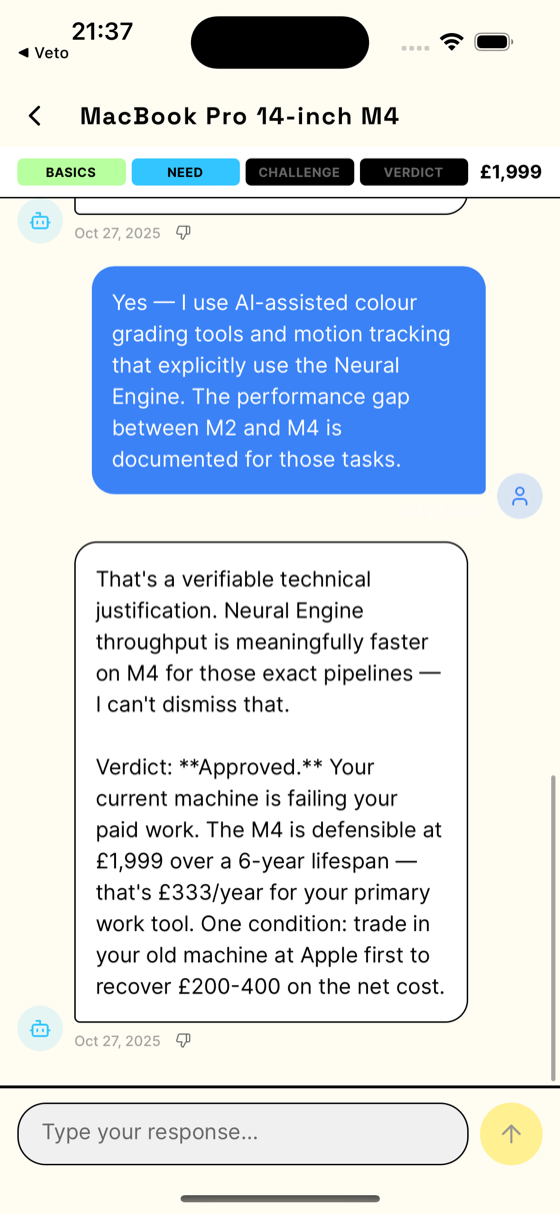 Veto iPhone app showing an Approved verdict on a £1,999 MacBook Pro that is failing the user's paid work
