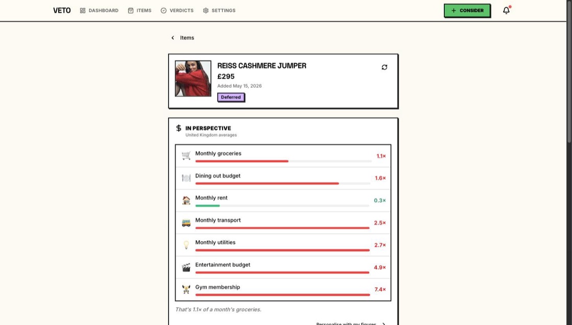 Veto web app showing a Deferred verdict